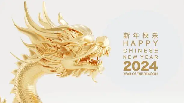 Photo of 3d rendering illustration for happy chinese new year 2024 the dragon zodiac sign with flower, lantern, asian elements, red and gold on background. ( Translation :  year of the dragon 2024 )