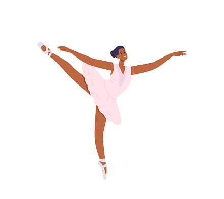 Young graceful woman cartoon character ballerina dancer wearing tutu dress and pointe shoes standing in beautiful pose vector illustration isolated on white background. People of creative profession