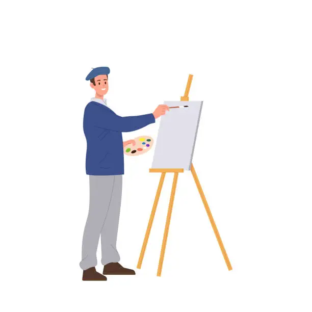 Vector illustration of Man artist character painting and drawing picture artwork on canvas easel using paints palette