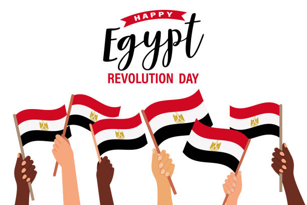 dzień rewolucji w egipcie. ręce z flagami egiptu. sztandar dnia niepodległości egiptu. ilustracja, baner - egypt revolution protest egyptian culture stock illustrations