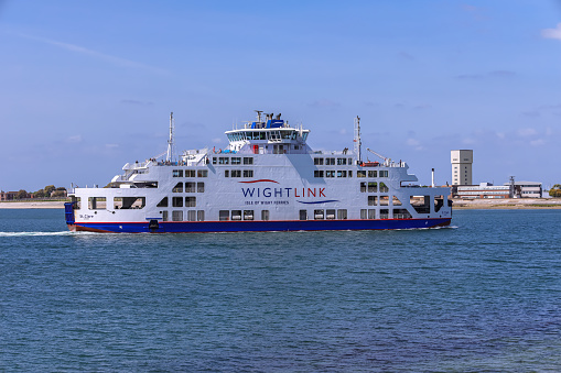 Portsmouth, UK - May 24, 2023: A Wight Link car ferry sailing across the Solent between Portsmouth and the Isle of Wight.