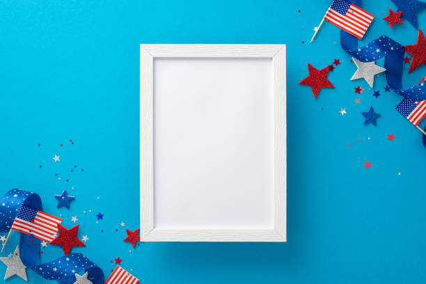 istock An array of patriotic elements, including national flags, stars, serpentine, confetti graces a blue background with an empty photo frame, inviting text or ad for an Independence Day USA celebration 1499543733