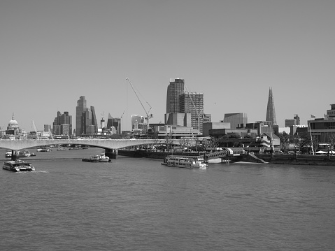 London - June 08, 2023: Panoramic view of River Thames in black and white