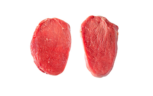 Beef tenderloin or eye fillet or file mignon tender meat raw steaks isolated on white. Cut from the loin of beef.