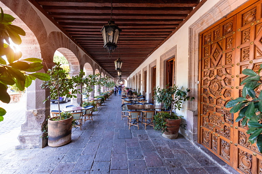 Mexico, Morelia tourist attraction colorful streets and colonial houses in historic center.