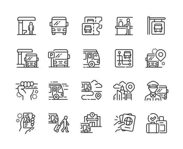 Vector illustration of Bus station line icons. Pixel perfect. Editable stroke.