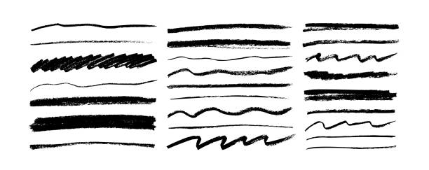ilustraciones, imágenes clip art, dibujos animados e iconos de stock de conjunto de vectores garabateo de lápiz de carbón. - paint stroke single line striped