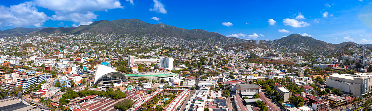 Mexico, Acapulco panoramic skyline view near Zona Dorada Hotel Zone and tourist beaches.