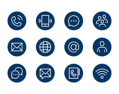 White color Contact Icons such as telephone, sms, mail, web page, e-mail, avatar and so on are isolated on blue backgrounds.