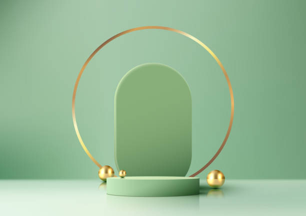 istock 3D realistic empty green pastel podium stand on green background decoration with rounded golden circle backdrop decoration gold sphere balls luxury style 1499561536