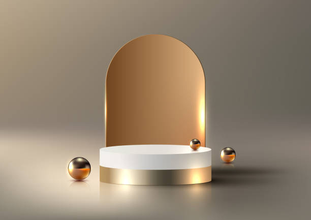 istock 3D realistic empty white and golden podium decoration with gold balls on studio room background modern luxury style. 1499561539