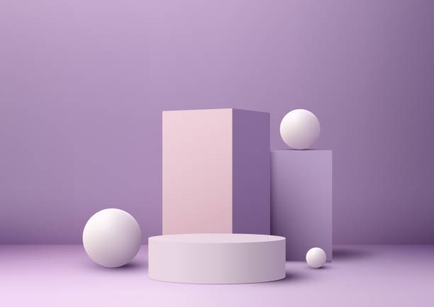 istock 3D realistic group of empty purple podium stand with geometric, white circles elements on purple background 1499561552