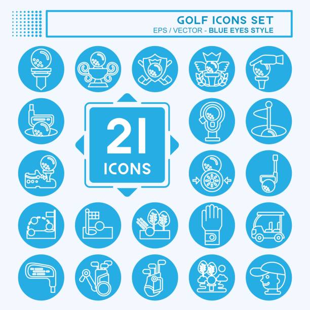 illustrazioni stock, clip art, cartoni animati e icone di tendenza di icon set golf. relativo al simbolo sportivo. stile occhi azzurri. design semplice modificabile. illustrazione semplice - outline cart golf golf course