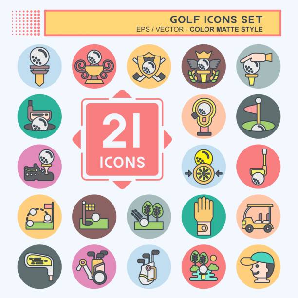 illustrazioni stock, clip art, cartoni animati e icone di tendenza di icon set golf. relativo al simbolo sportivo. stile color mate. design semplice modificabile. illustrazione semplice - outline cart golf golf course
