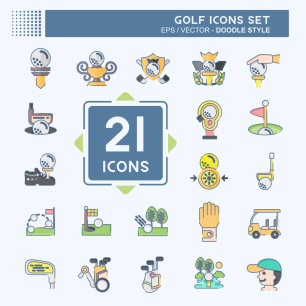 illustrazioni stock, clip art, cartoni animati e icone di tendenza di icon set golf. relativo al simbolo sportivo. stile doodle. design semplice modificabile. illustrazione semplice - outline cart golf golf course