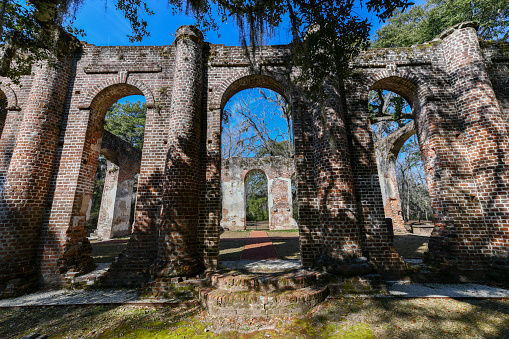 Ruins of the old Sheldon Church on a historic site in northern Beaufort County near Yemassee, South Carolina at night.