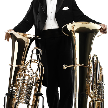 Tuba brass music instrument. Wind instrument Orchestra bass horn euphonium