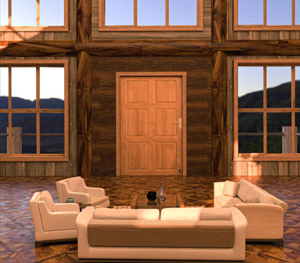 Luxurious cabin interior living room with sofa set, ceramic table, last afternoon sunlight and balcony view. Interior design and interior decoration. 3d rendering