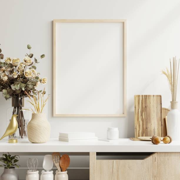 istock Poster mockup with vertical wooden frame in home interior background. 1499570453