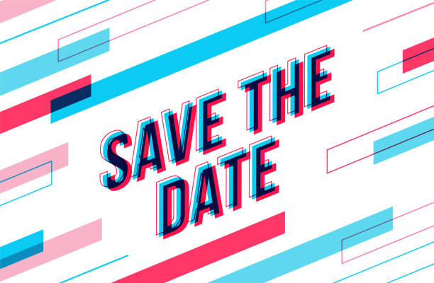 Isometric illustration of the inscription ''Save the date'' with abstract elements Design element for web pages, print assets, events, advertising, branding, shares, promotion. Vector illustration. save the date font stock illustrations