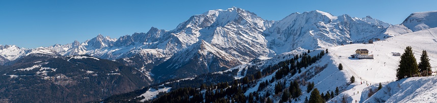 A majestic snow-capped Mont Blanc mountain range, with lush evergreen trees dotting the landscape