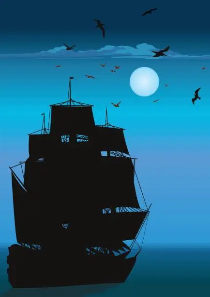 Vector illustration of Majestic Pirate Sailing Ship at Sea
