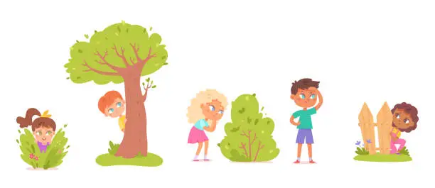 Vector illustration of Kids playing hide and seek outside set, small hidden children, girls and boys peeping