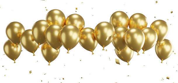 3d render of golden balloons with confetti flying.
