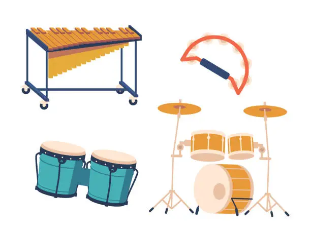 Vector illustration of Drums, And Tambourine Are Some Of The Iconic Musical Jazz Instruments That Create The Soulful, Rhythmic, Vector