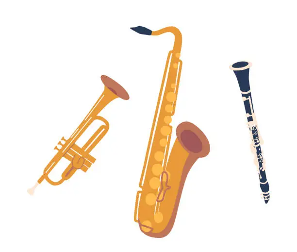 Vector illustration of Saxophone, Trumpet, And Clarinet Are Some Of The Iconic Musical Jazz Instruments That Bring Rhythm, Harmony And Soul
