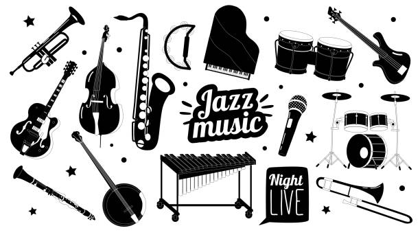 ilustrações de stock, clip art, desenhos animados e ícones de set of black and white musical jazz instruments saxophone, trumpet, piano, double bass, drum kit, and clarinet, banjo - bass drum