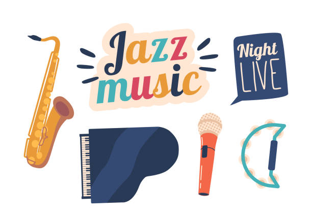 illustrations, cliparts, dessins animés et icônes de microphone, saxophone, piano, batterie et tambourin instruments emblématiques utilisés dans le monde de la musique jazz, illustration - flute musical instrument music key