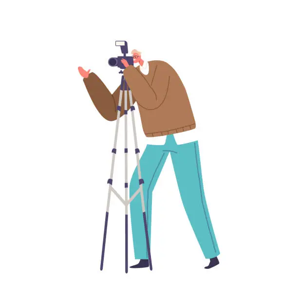 Vector illustration of Photographer Male Character Capturing Moments With A Camera on Tripod, Expertly Framing Subjects, Manipulating Light