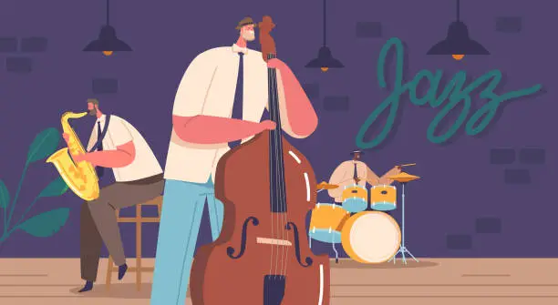 Vector illustration of Dynamic Jazz Band Characters On Stage, Captivating The Audience With Their Energetic Performance. Syncopated Rhythms