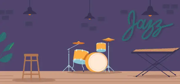 Vector illustration of Energetic Jazz Concert Stage Set With A Fully Assembled Drum Kit And Xylophone, Ready To Create Rhythmic Beats