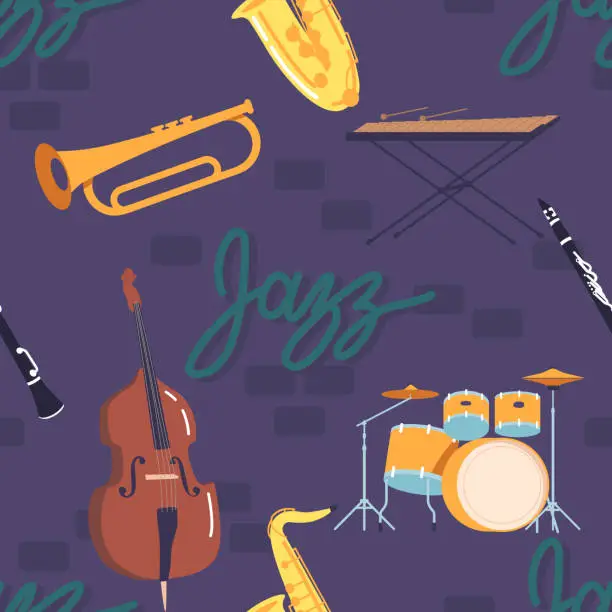 Vector illustration of Seamless Pattern Featuring An Assortment Of Jazz Instruments, Xylophone, Double Bass, Saxophone, Drum Kit And Trumpet