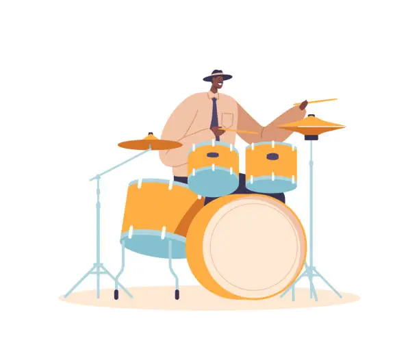 Vector illustration of Energetic Black Jazz Drummer Character Passionately Playing Intricate Rhythms, Delivering Captivating Beats, Vector