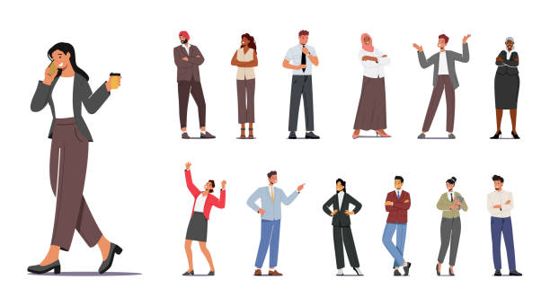 stockillustraties, clipart, cartoons en iconen met diverse and professional business characters set, depicting men and women in various occupations and poses - presentatie-toespraak