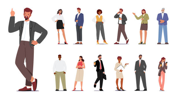 Set Of Business Characters. Ambitious Men And Women Navigating The Corporate World, Seeking Success Through Networking Set of Business Characters. Ambitious Men and Women Navigating The Corporate World, Seeking Success Through Networking, Negotiations, Leadership, Innovation. Cartoon People Vector Illustration well dressed man standing stock illustrations