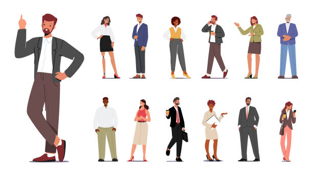 Set Of Business Characters. Ambitious Men And Women Navigating The Corporate World, Seeking Success Through Networking Set of Business Characters. Ambitious Men and Women Navigating The Corporate World, Seeking Success Through Networking, Negotiations, Leadership, Innovation. Cartoon People Vector Illustration people talking stock illustrations