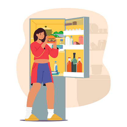 Female Character Struggling With Bulimia, Experiencing Cycles Of Binge Eating Followed By Purging Behaviors. Woman Eating Burger fron Refrigerator on Kitchen. Cartoon People Vector Illustration