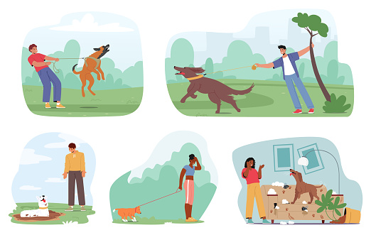 Unwanted Dog Behaviors. Barking, Aggression, Chewing, Lying In Dirt And Balking Can Be Resolved Through Training, Socialization, Exercise, And Addressing Underlying Issues. Cartoon Vector Illustration