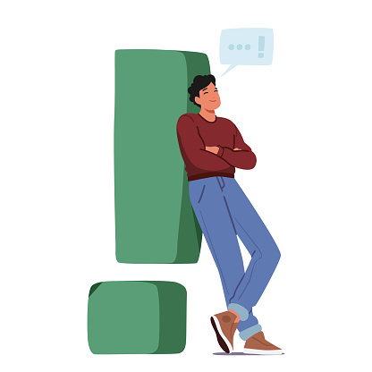Relaxed Male Character Leaning Against A Massive Exclamation Mark With A Serene Smile and Speech Bubble, Symbolizing A Peaceful Demeanor Amidst The Chaos. Cartoon People Vector Illustration