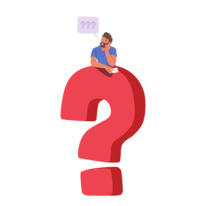 Curious Male Character Holding Phone, Pondering Life's Uncertainties, Symbolized By A Large Question Mark, Seeking Answers And Clarity Isolated on White Background. Cartoon People Vector Illustration