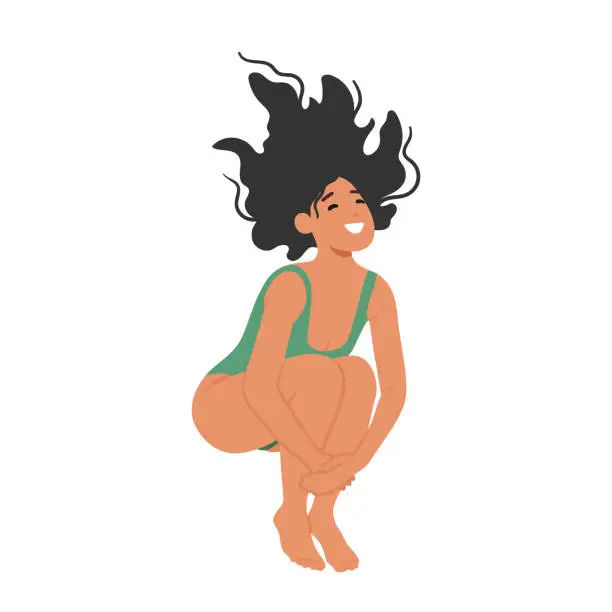 Vector illustration of Joyful Woman Leaping In A Swimsuit, Radiating Happiness And Confidence, Capturing The Essence Of Carefree Summer Vibes