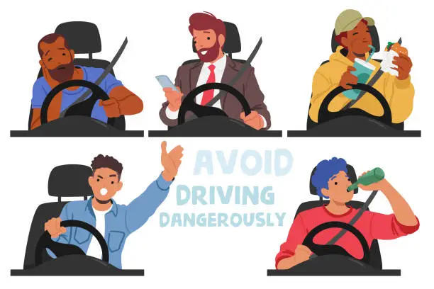 Vector illustration of Set of Male Driver Characters in Danger Situations. Men Sleeping, Call by Mobile, Eating, Drink Aclocol, Yelling
