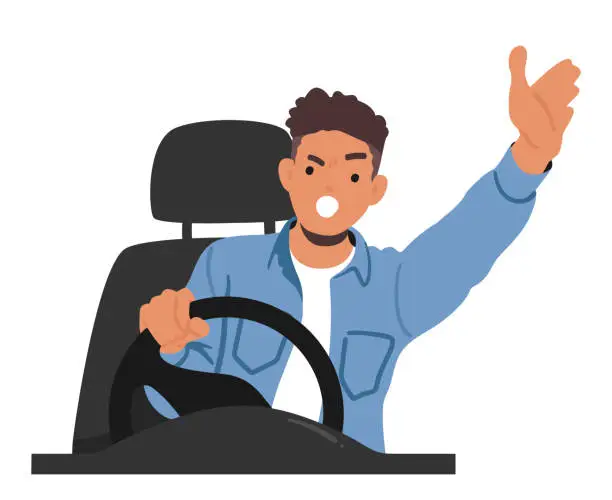 Vector illustration of Agitated Man Argues And Yells While Driving, Expressing Intense Emotions And Engaging In A Heated Verbal Altercation