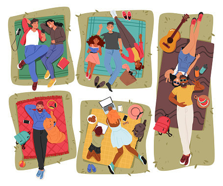 Set of Friends, Couples And Family Characters Enjoying A Picnic On A Blanket, Viewed From Above. Food, Laughter, And Relaxation In A Picturesque Outdoor Setting. Cartoon People Vector Illustration