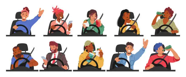 Vector illustration of Set Of Male And Female Driver Characters In Danger Situations. People Sleeping, Call By Mobile, Eating, Drink Alcohol