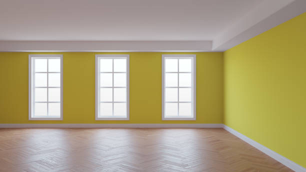 istock Interior with Yellow Wall, White Ceiling and Conrnice, Three Large Windows 1499583006